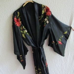 Vintage Heavily Embroidered Satin Kimono Black Green Pink Fully Lined Heavy Robe